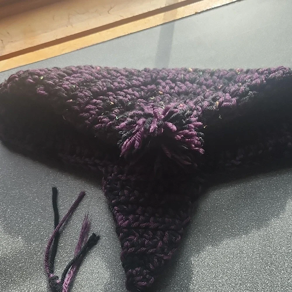 Handmade‎ Purple and Black Crochet Hat with Ear Flaps and Pom-Pom